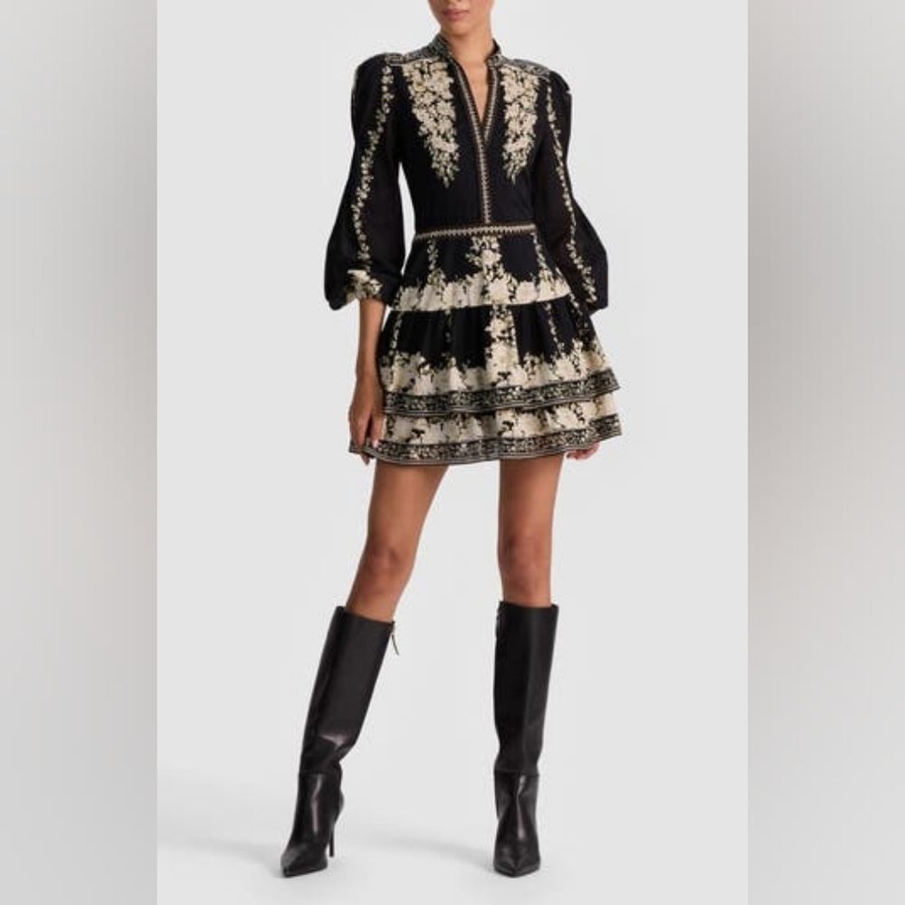 Alice + Olivia cotton valencia min Black and Cream Long Sleeve Dress Size 10